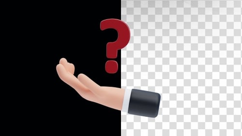 Animação 3D de mão segurando um ponto de interrogação