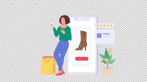 Animated Flat Design Illustration of Woman Online Shopping on Phone