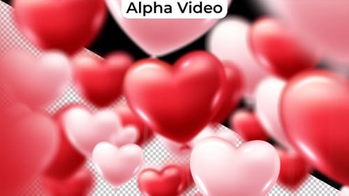 Glossy Red and Pink Heart Balloons Floating Up Alpha Channel