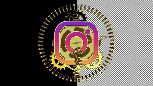 Logotipo giratório do Instagram com mecanismo de relógio dourado e robô, canal alfa, exclusivo, renderização 3D