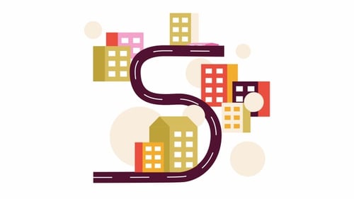 Animación de objetos 2D sobre una carretera curva que cruza la ciudad