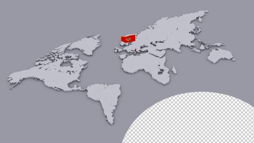 Animated 3D World Map Pinpointing Montenegro with Flag