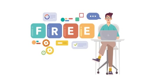 Animated Man Working on Laptop with Digital Icons and 'FREE' Text Reveal