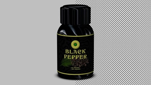 Black pepper in elegant black bottle rotating cleanly, seamless motion for cooking animations