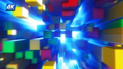 Colorful Geometric Cubes Moving Through a Light Tunnel Background