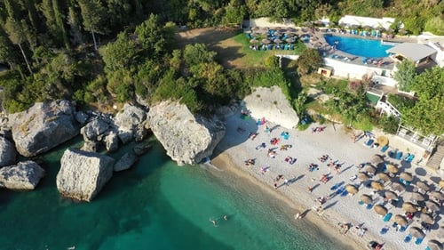 Beautiful beach. Aerial Nature Greek Landscape with Turquoise Sea or Ocean Bay. Beautiful Vacation.
