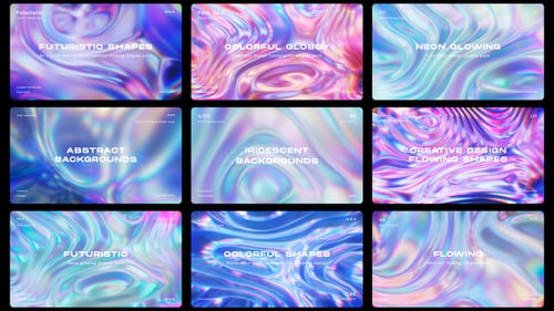 Irisierendes, glänzendes, flüssiges Set mit fließenden Farbverläufen und futuristischen Hintergründe