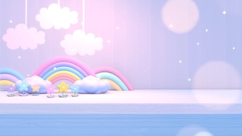 Paper Clouds and Rainbows on Wooden Shelf