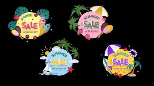 Summer Sale Animated Badges with 3D Cartoon Elements