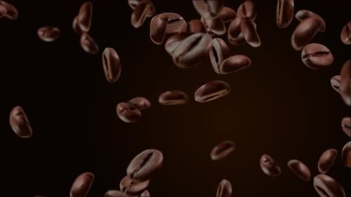 Roasted coffee beans in loop slow motion. Coffee beans in a free fall.