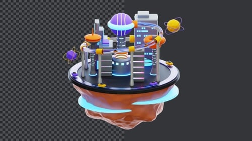 Futuristic City on Floating Island with Orbiting Planets