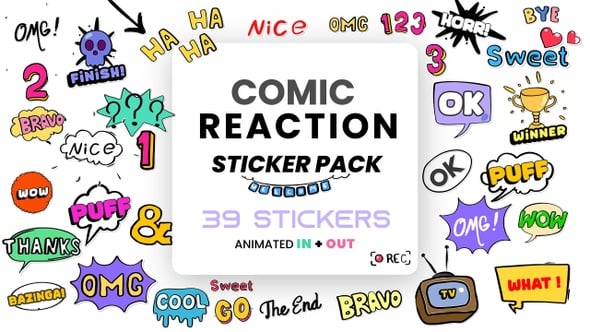 Animated Comic Reaction Sticker Pack with Looped 2D Graphics, Overlays ...