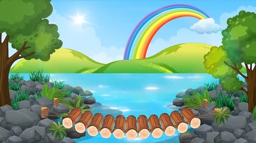 Cartoon River Landscape with Rainbow Looped + 4k