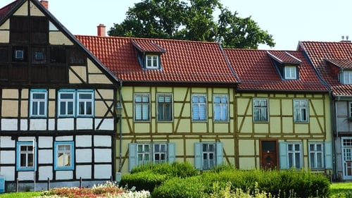Residential buildings of medieval city in Europe. Traditional architecture half-timbered houses.