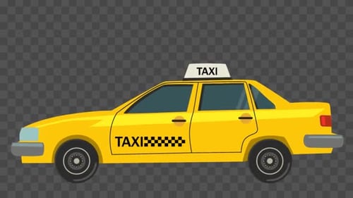 Animated Yellow Taxi Car Driving with Headlights On