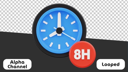 3D Working Hours Clock Animation with 8H Badge | Alpha Channel