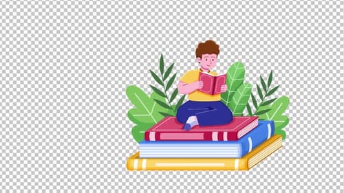 Animated Flat Design Illustration of Person Reading Books