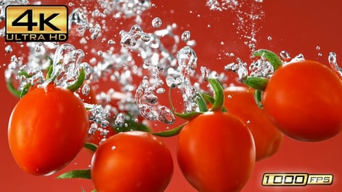 Fresh Cherry Tomatoes Splashing into Clear Water on Red