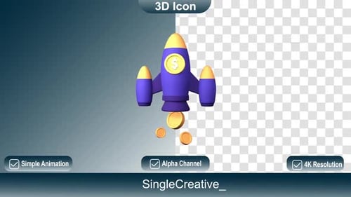 Modern 3D Rocket Icon Animation with Falling Gold Coins