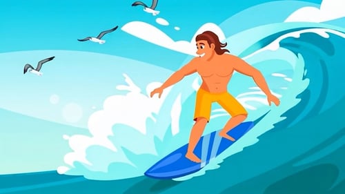 Man Surfing in Sea - Summer Beach - Ocean Waves - Adventure & Travel Animation