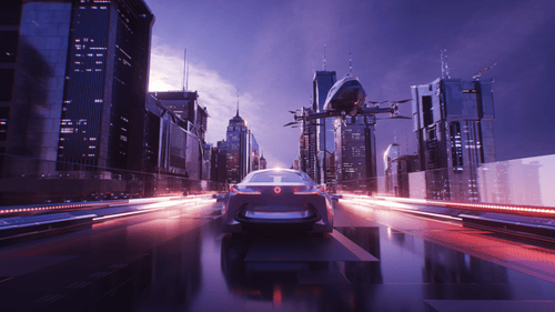 Futuristic Car Riding On Endless Road With Skyscrapers Cinematic Backdrop Loop