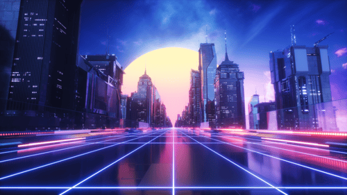 Futuristic City With Endless Road At Sunset Time Synth Wave Looped Background