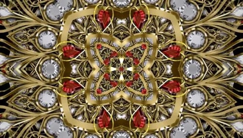 Ornate Gold Filigree and Red Heart Jewels Kaleidoscope Background Loop