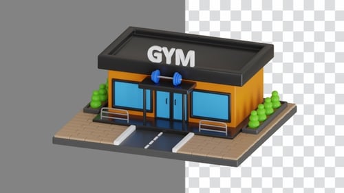 3D Animation of Gym Construction with Blue Barbells Adorning the Rooftop | Alpha Channel
