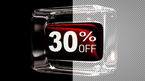 Glass cube with discount text - 30 percent off, Alpha Channel, Looped, Exclusive