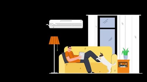 Flat Design Animation of Person Relaxing at Home with Dog and Tablet