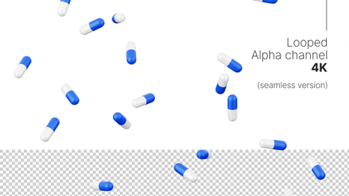 Falling pills alpha loop animation. Blue and white capsules 4K