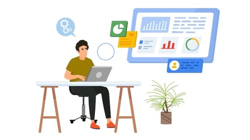Person Working on Laptop with Animated Data Analytics Dashboard