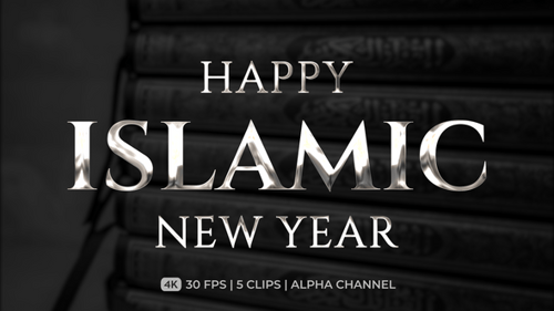 Happy Islamic New Year Shiny Metallic Text Animation Alpha Channel