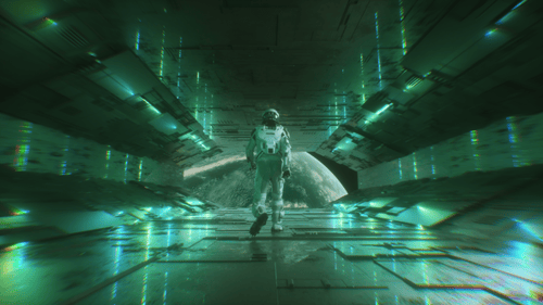 Walking Astronaut In Futuristic Sci Fi Tunnel With Planet Earth View Backdrop