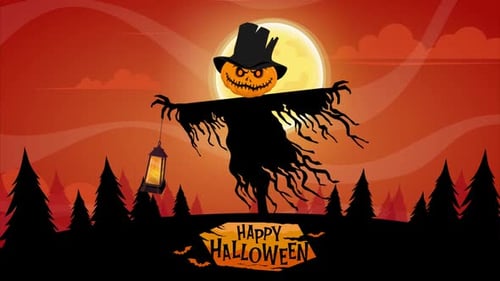 Animated Halloween Scarecrow with Jack-o'-Lantern and Moon