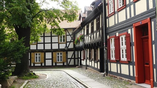 Residential buildings of medieval city in Europe. Traditional architecture half-timbered houses.