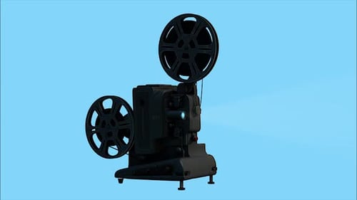 Classic 3D Film Projector with Spinning Reels and Light Beam Animation