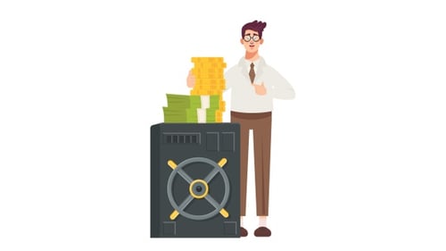 Animated Man Saving Money with Safe in Flat Design