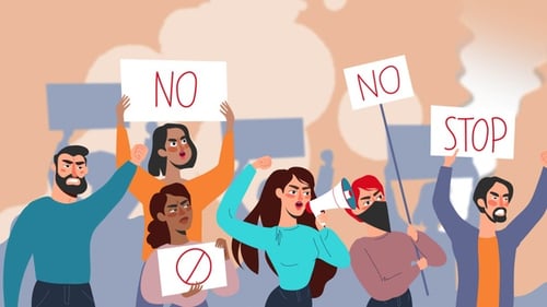 Animated Crowd Protesting with Signs Flat Design Illustration