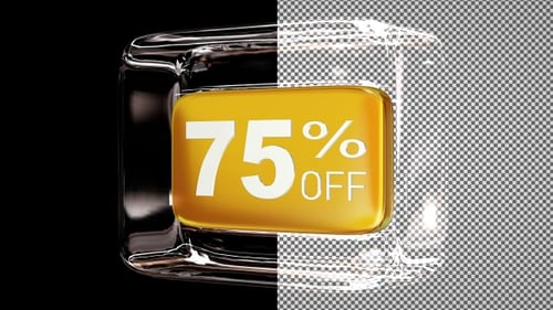 Glass cube with discount text - 75 percent off, Alpha Channel, Looped, Gold Plate, Exclusive