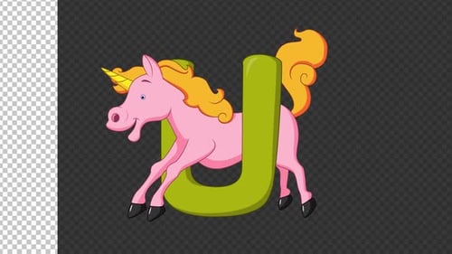 Animated Cartoon Unicorn Character with Letter U for Children's Education