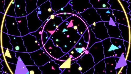 Dynamic Retro Neon Swirl of Geometric Shapes and Particles