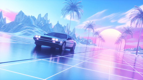 Riding Car And Landscape At Sunset Colorful Synth Wave Backdrop Loop