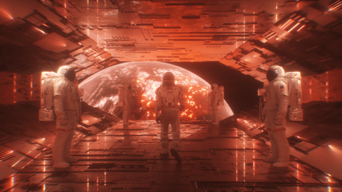 Astronaut Walking In Tunnel Between Other Astronauts At View Of Apocalyptic Planet Earth