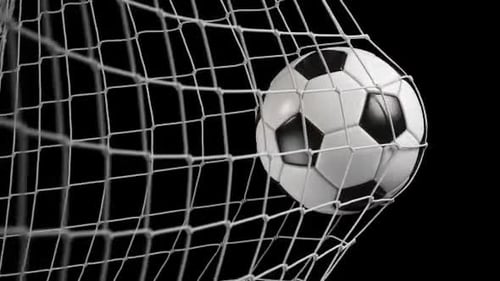 Soccer football ball hits net. Isolated slow motion with alpha channel. 3d video animation