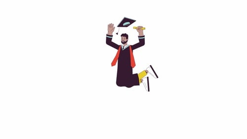Springender männlicher Student im Abschlusskleid, 2D-Charakteranimation