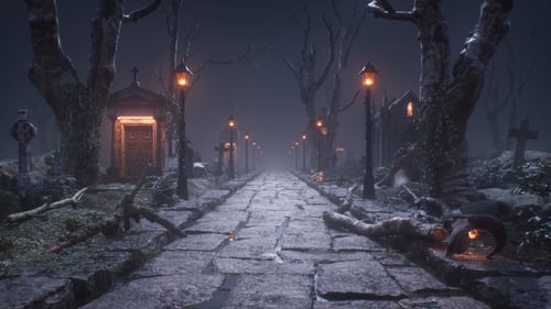 Geschlungener Halloween-Hintergrund mit nebligem Friedhof und endlosem Nachtpfad