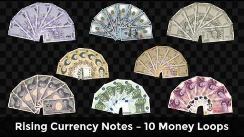 Rising Global Currency Notes Master Pack – 10 Money Animation Loops (Rupee, Dollar, Euro, Yen, Won,