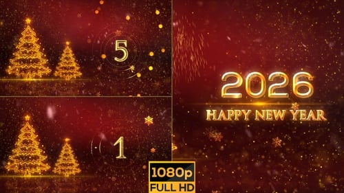 Festive Golden New Year Countdown with Glowing Christmas Trees