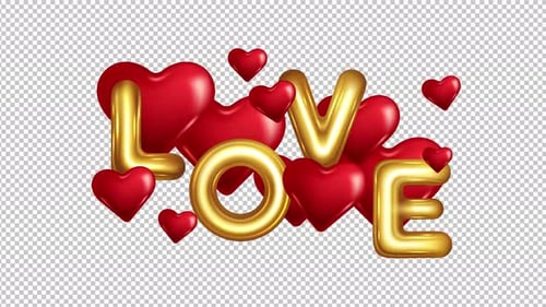 Golden LOVE Text with Floating Red Hearts Animation